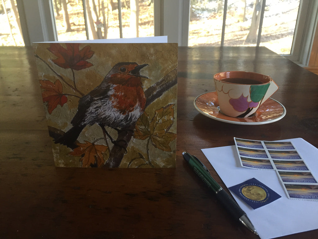 Large Bird drawing in autumn colored background by Annabel Langrish